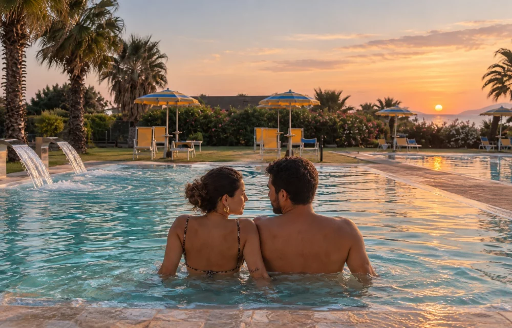 tramonto coppia piscina